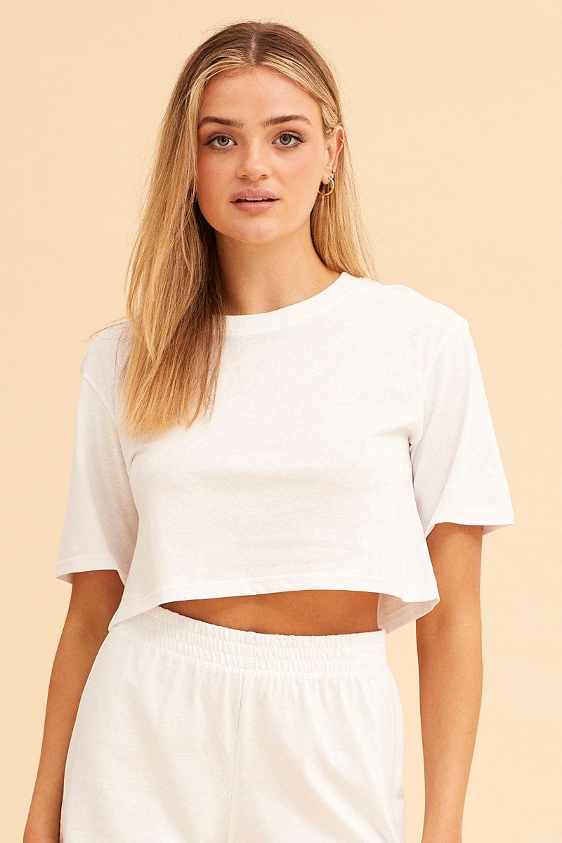 BASIC White Crop T-Shirt Crew Neck Short Sleeve Relaxed Fit for Women by Ally