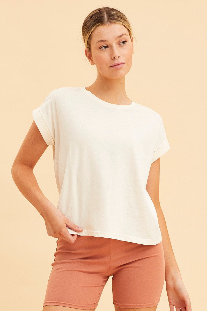BASIC White Cropped T-Shirt Crew Neck Roll Sleeve Cotton for Women by Ally