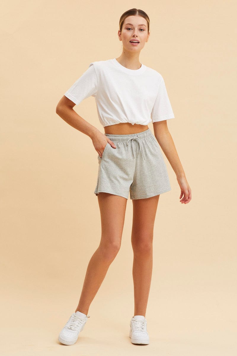 BASIC White Cropped T-Shirt Short Sleeve Drawstring Hem for Women by Ally