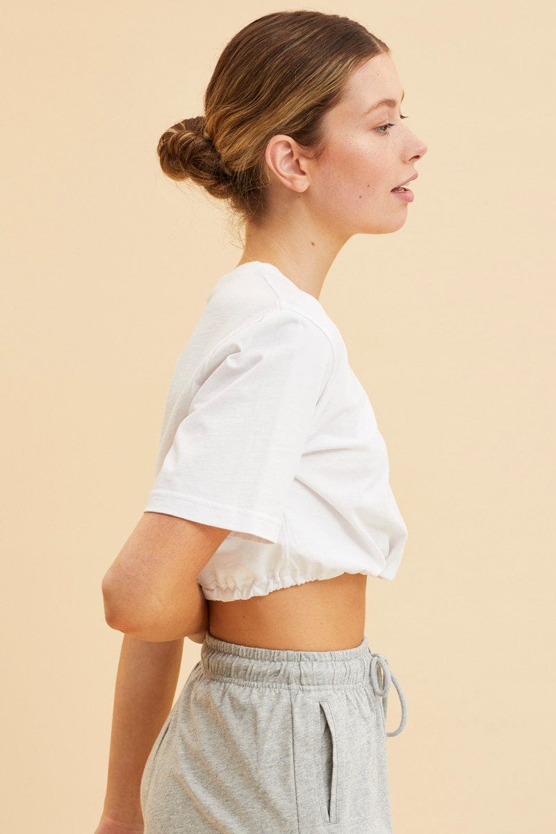 BASIC White Cropped T-Shirt Short Sleeve Drawstring Hem for Women by Ally