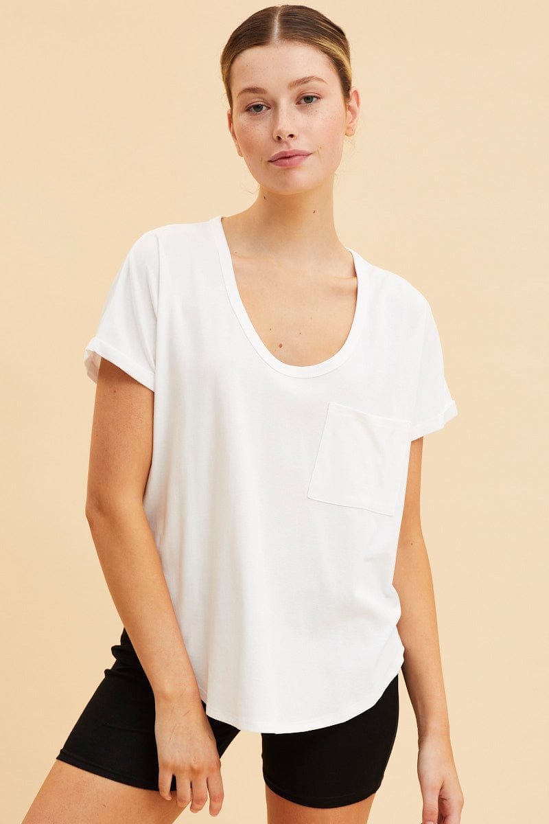 BASIC White Pocket Tee Scoop Neck Cotton Stretch Short Sleeve for Women by Ally