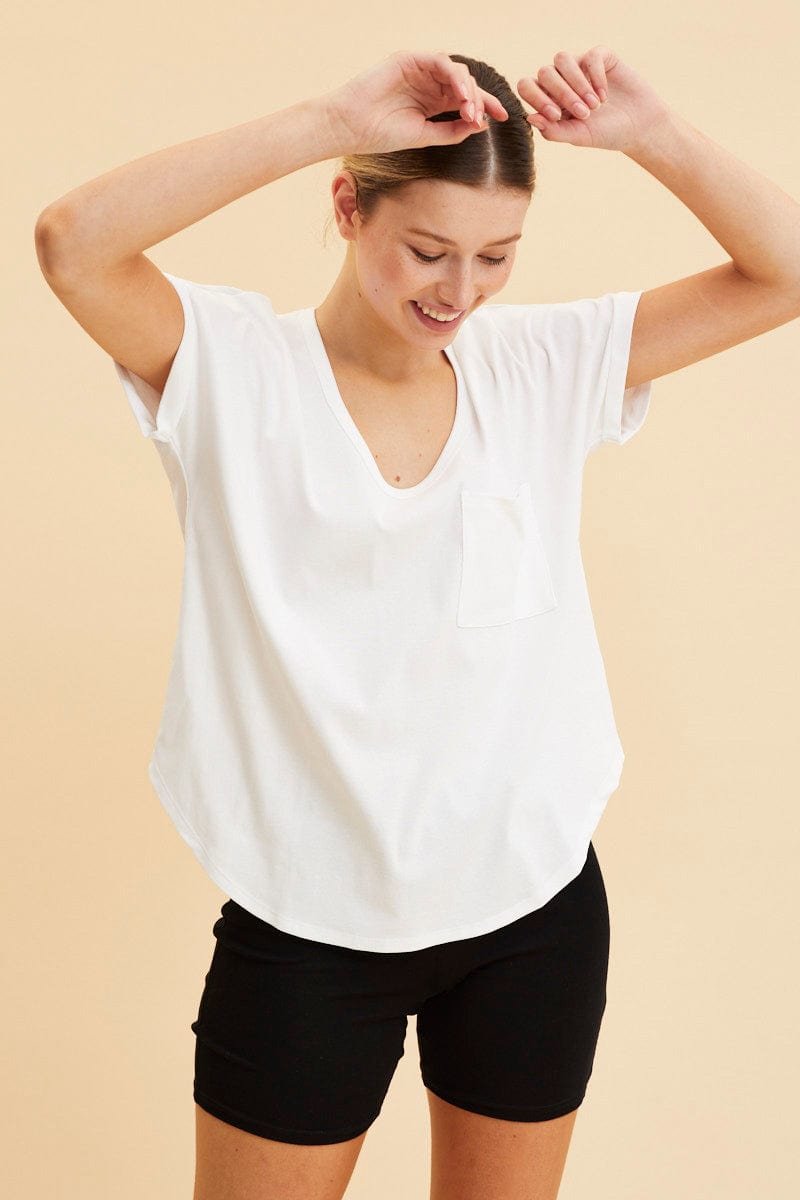 BASIC White Pocket Tee Scoop Neck Cotton Stretch Short Sleeve for Women by Ally