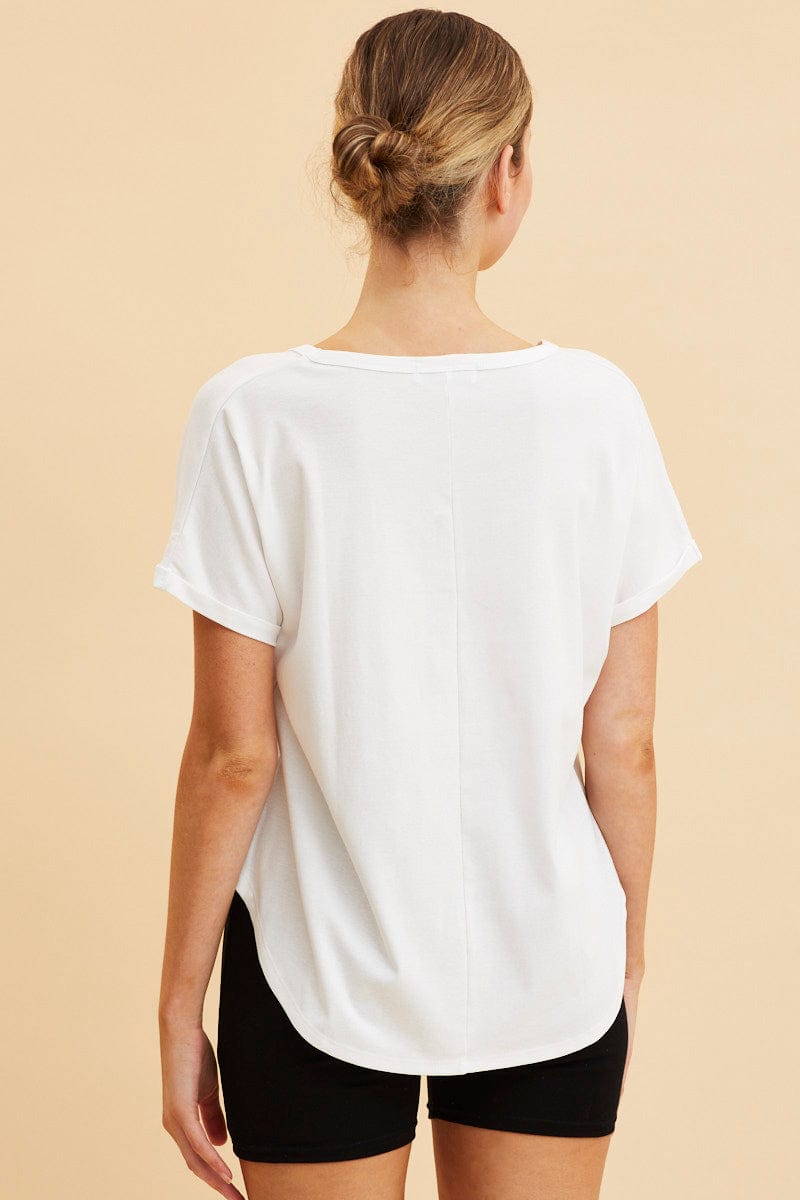 BASIC White Pocket Tee Scoop Neck Cotton Stretch Short Sleeve for Women by Ally