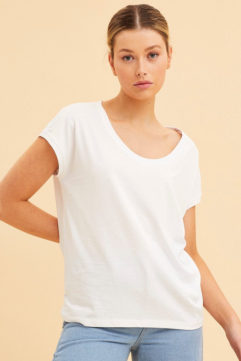 BASIC White Relaxed T-Shirt Scoop Neck Drop Shoulder for Women by Ally