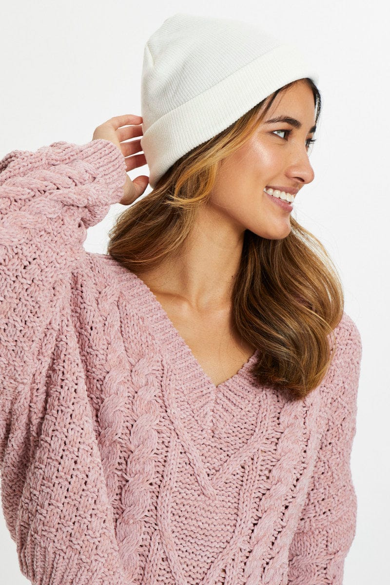 BEANIES White Ribbed Beanie for Women by Ally