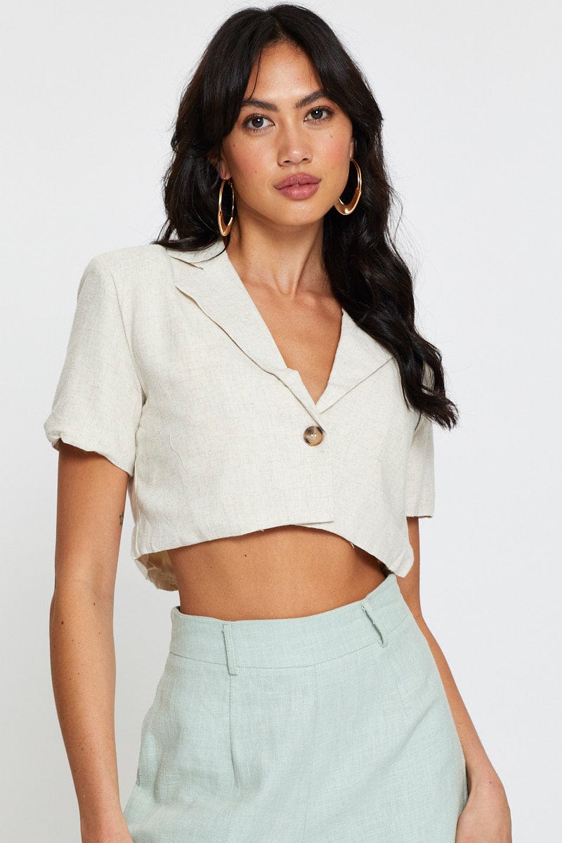 BLAZER Camel Crop Jacket Short Sleeve Collared for Women by Ally