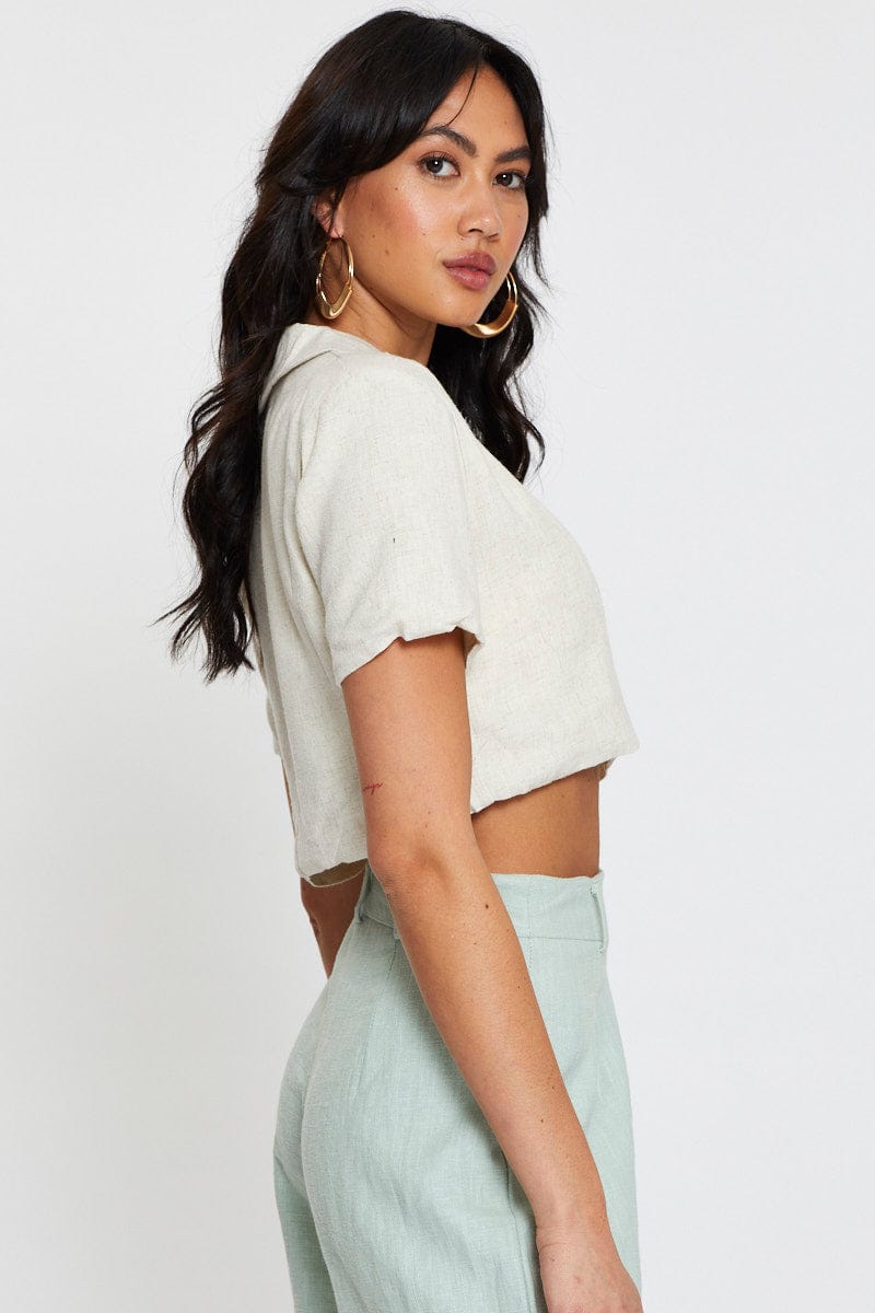 Women's Beige Crop Jacket Short Sleeve Collared Ally Fashion