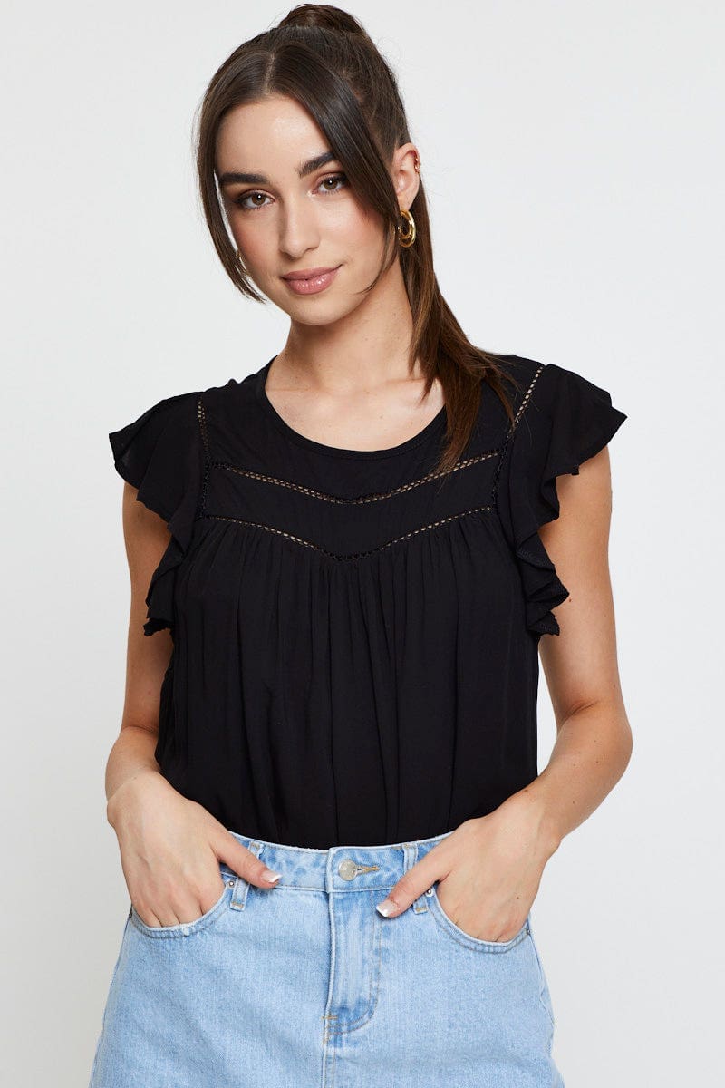 BLOUSE Black Crop T Shirt Short Sleeve for Women by Ally