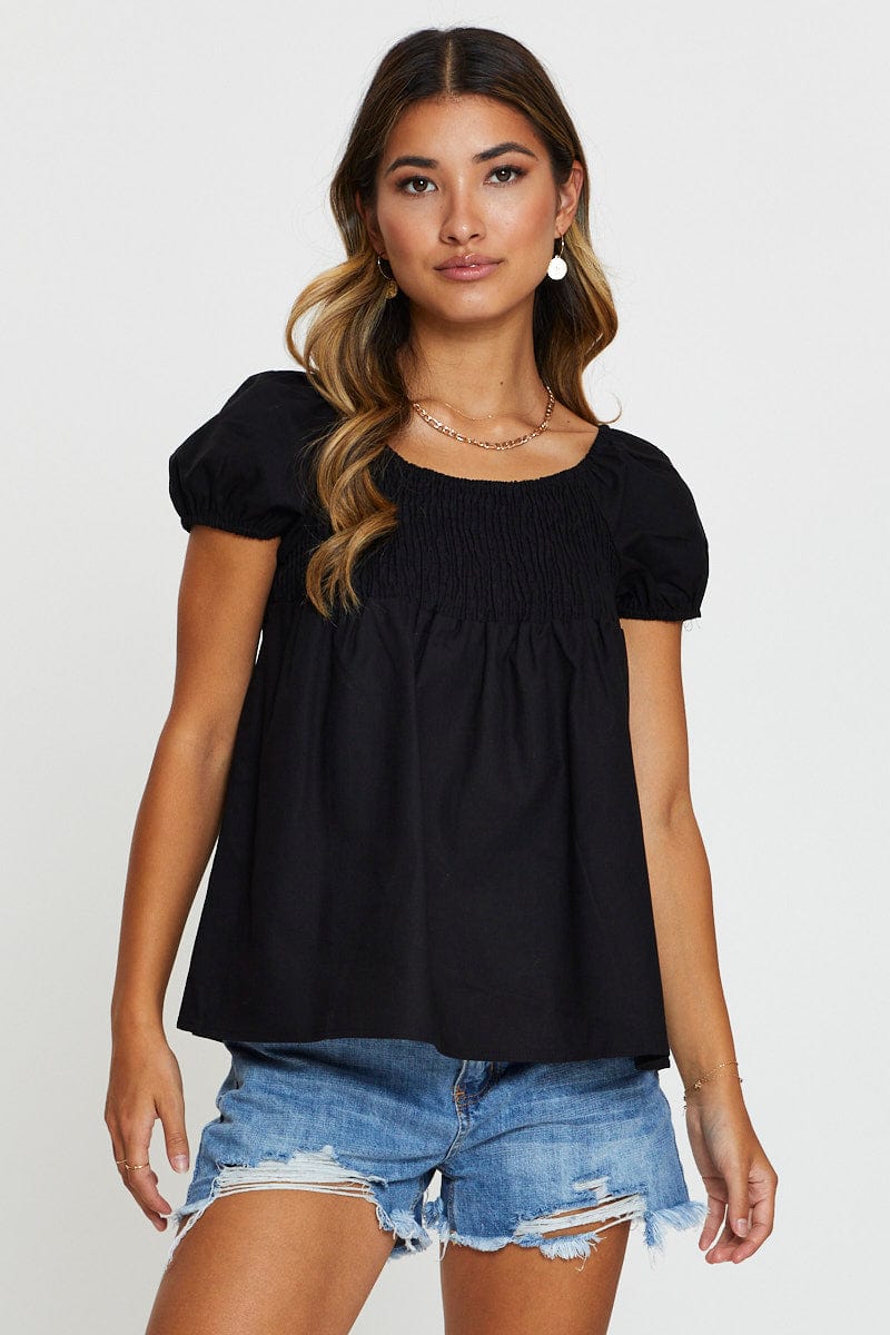 BLOUSE Black Shirred Top Short Sleeve for Women by Ally