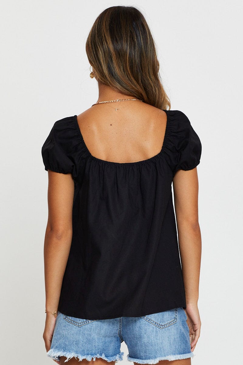 BLOUSE Black Shirred Top Short Sleeve for Women by Ally