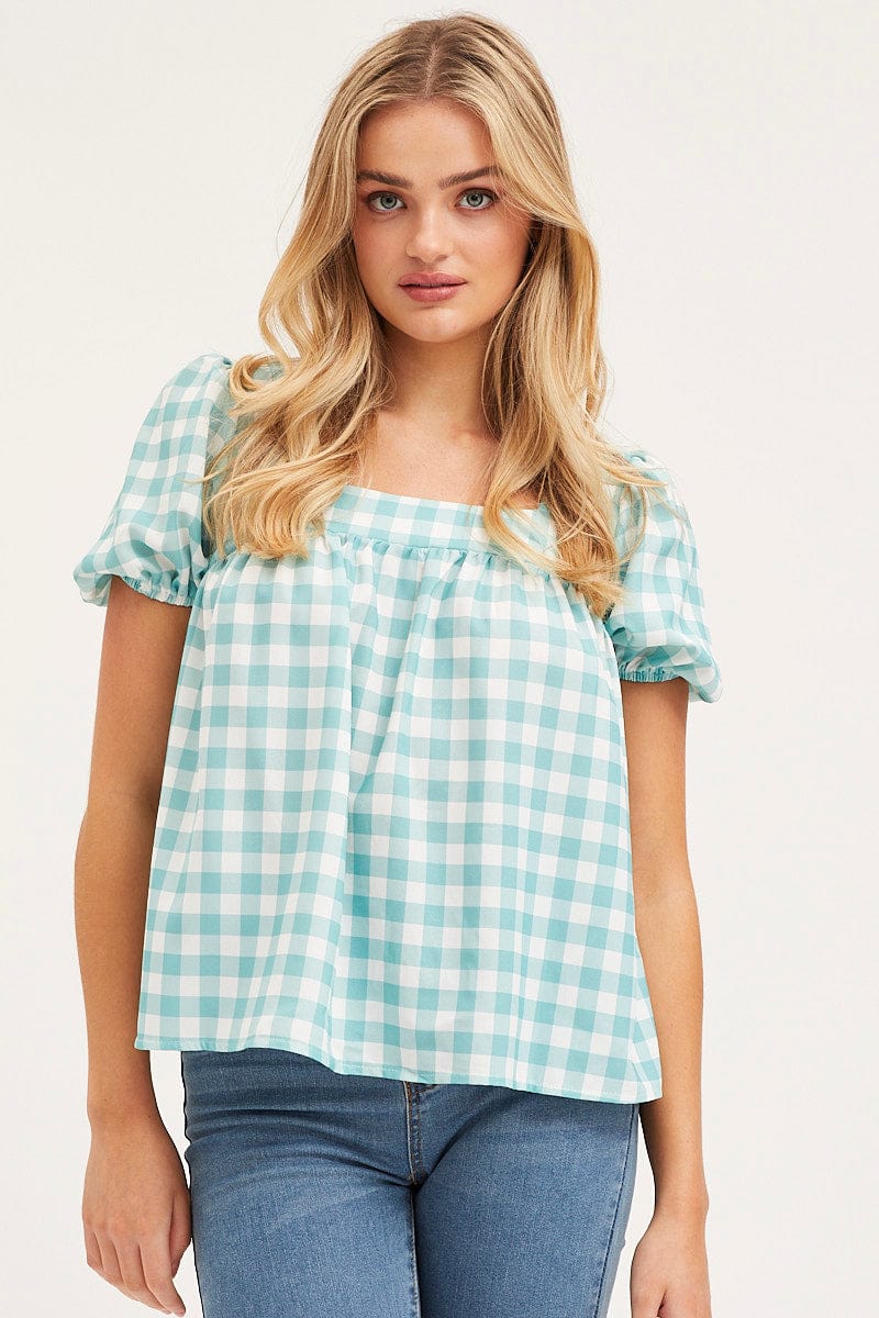 BLOUSE Check Scoop Neck Top Short Sleeve for Women by Ally