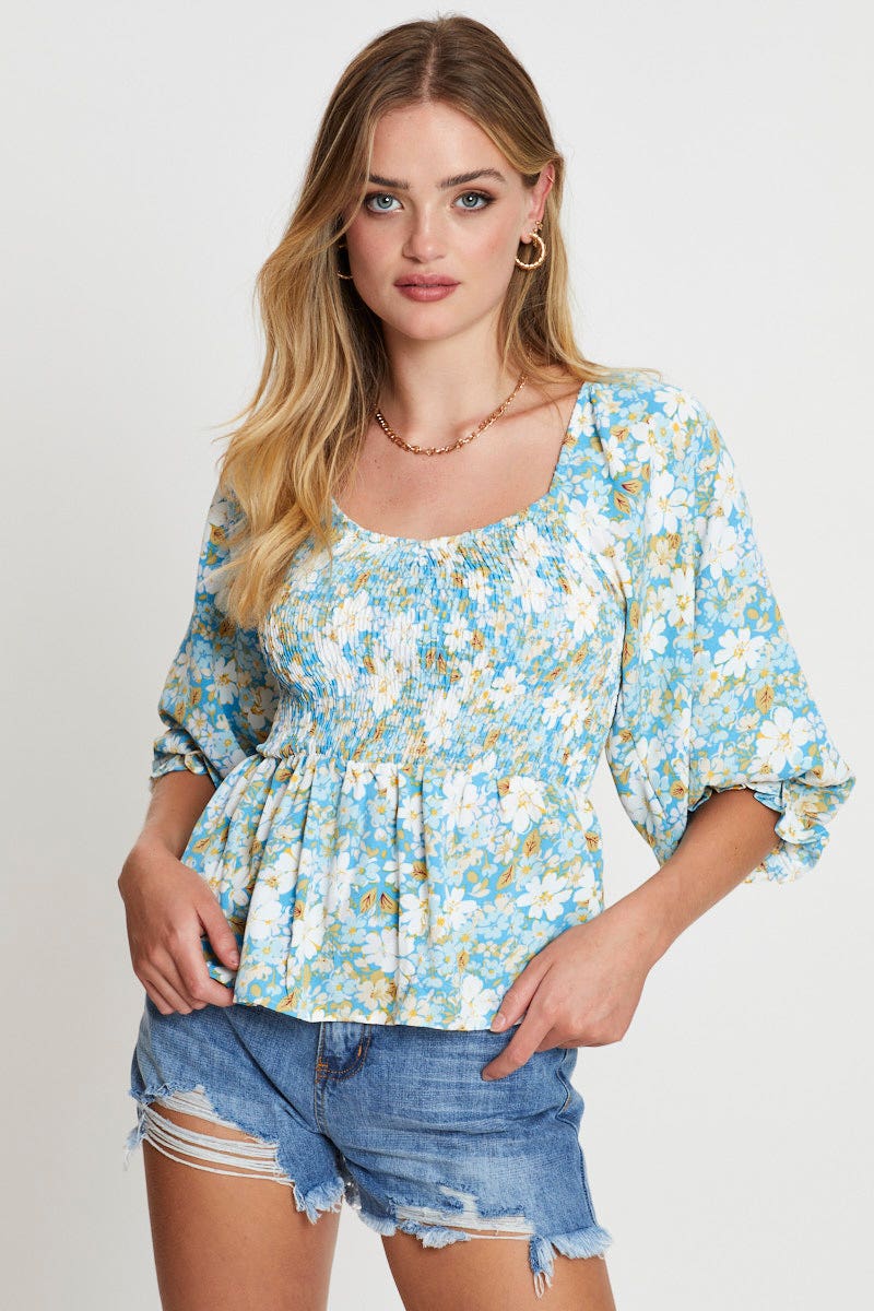 BLOUSE Floral Print Smock Top Short Sleeve for Women by Ally