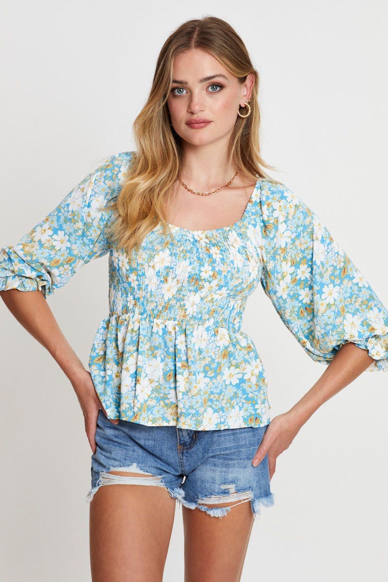 BLOUSE Floral Print Smock Top Short Sleeve for Women by Ally