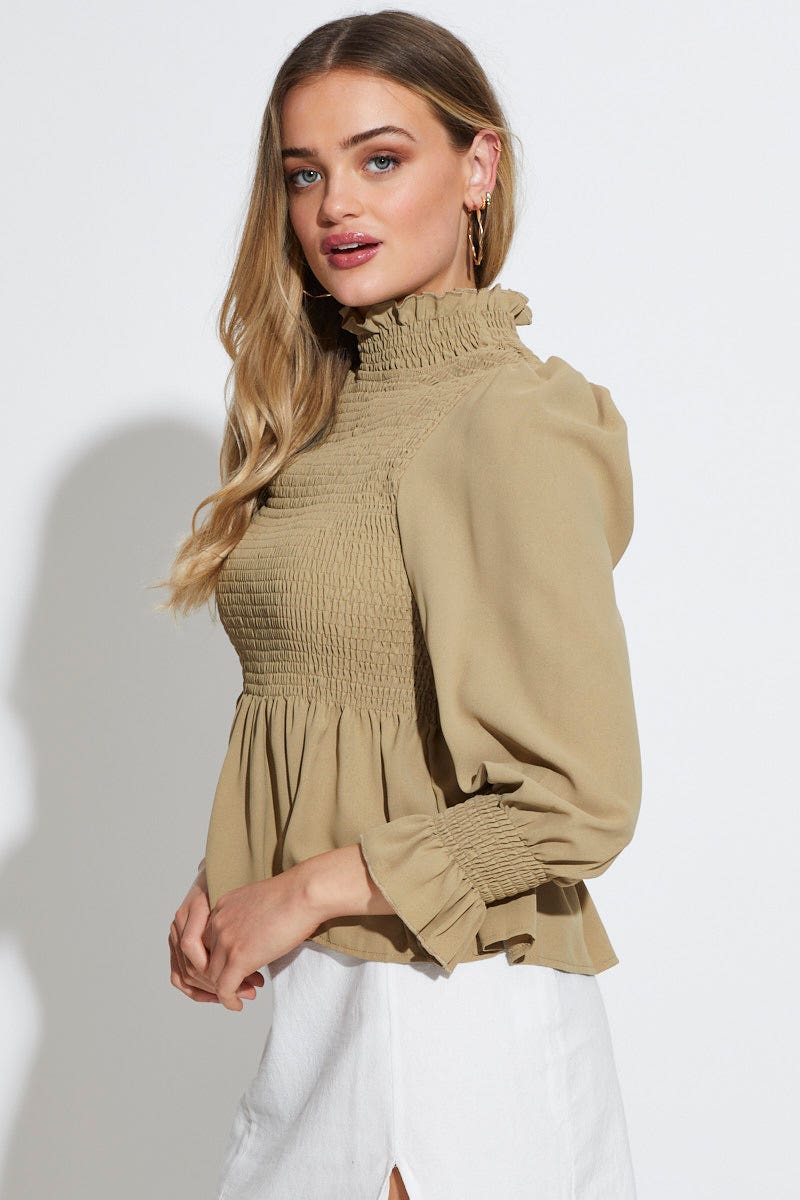 BLOUSE Green Workwear Blouse Long Sleeve Turtleneck for Women by Ally