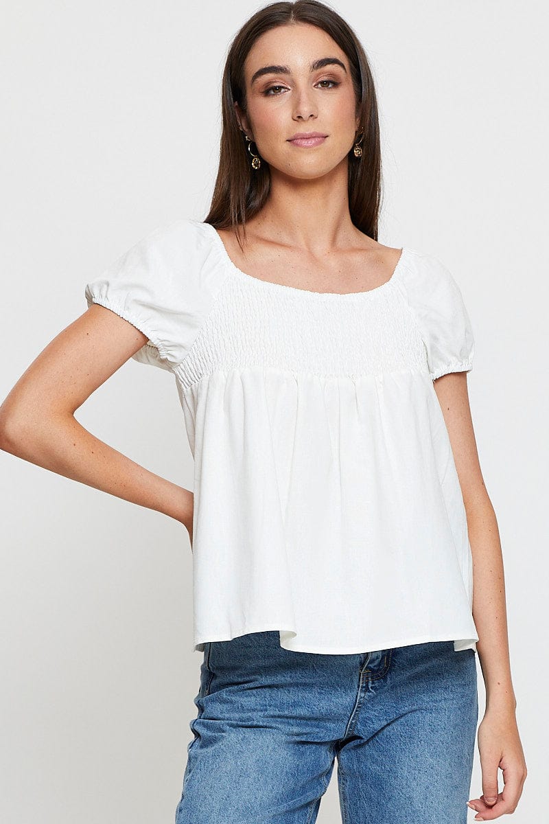 BLOUSE White Shirred Top Short Sleeve for Women by Ally
