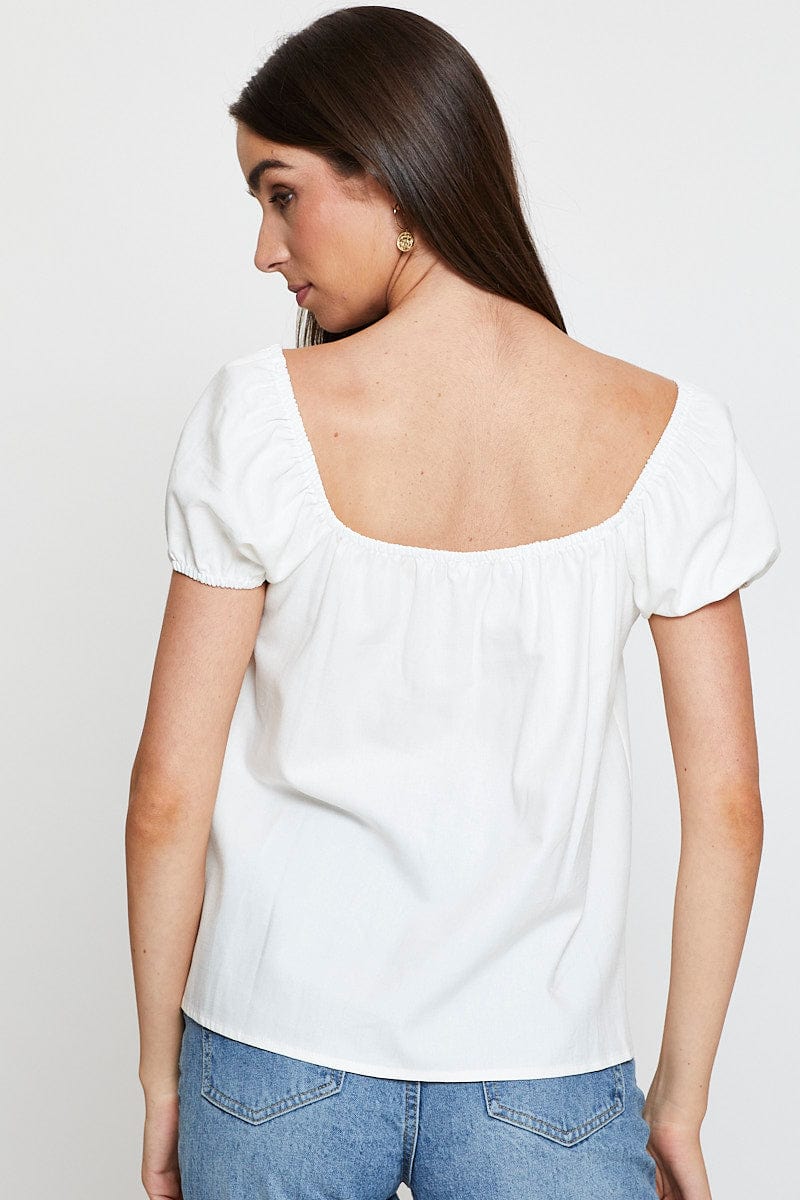 BLOUSE White Shirred Top Short Sleeve for Women by Ally