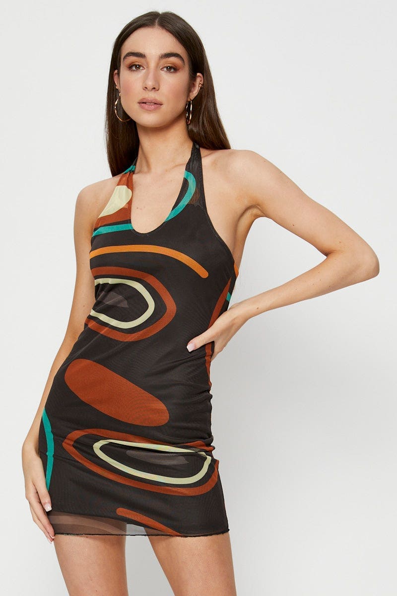 BODYCON DRESS Abstract Print Bodycon Dress Mini Halter Neck for Women by Ally