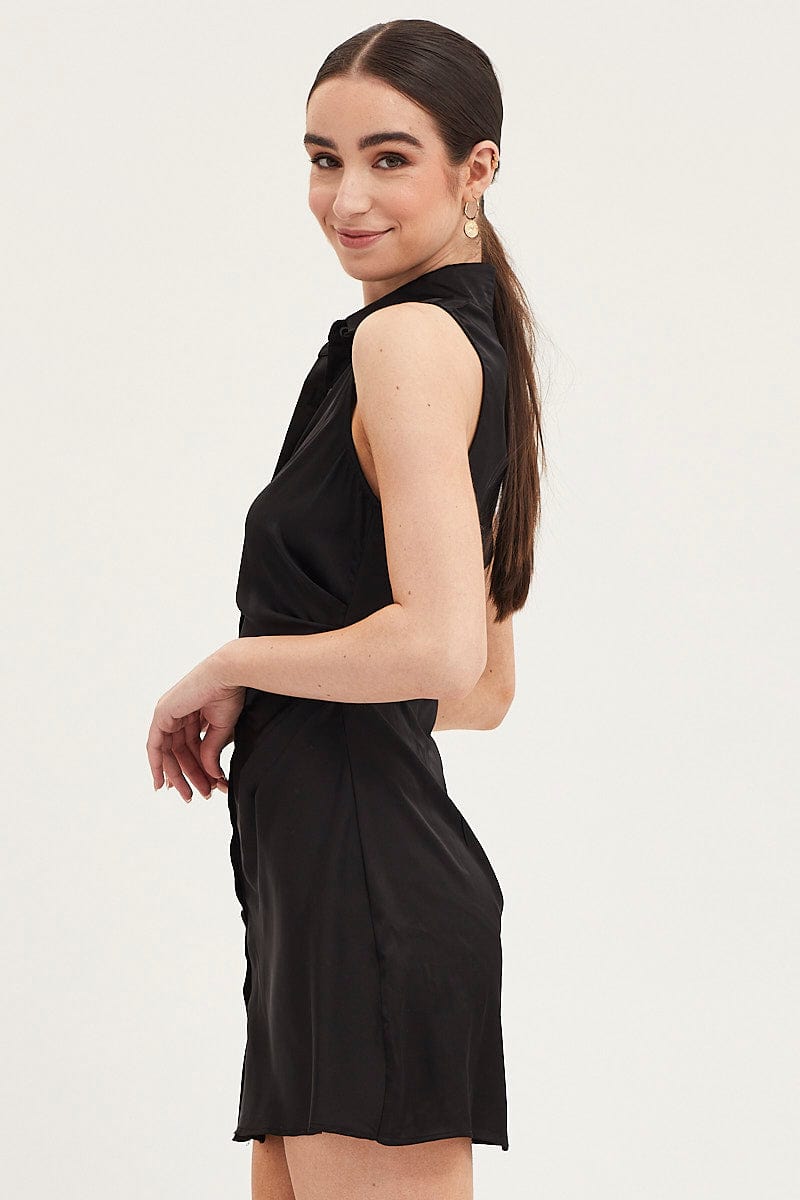 BODYCON DRESS Black Button Front Dress Sleeveless Mini for Women by Ally