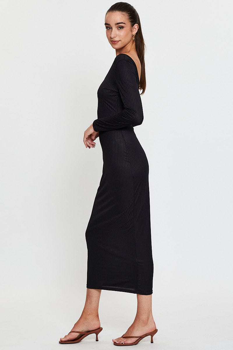 BODYCON DRESS Black Midi Dress Long Sleeve Bodycon for Women by Ally