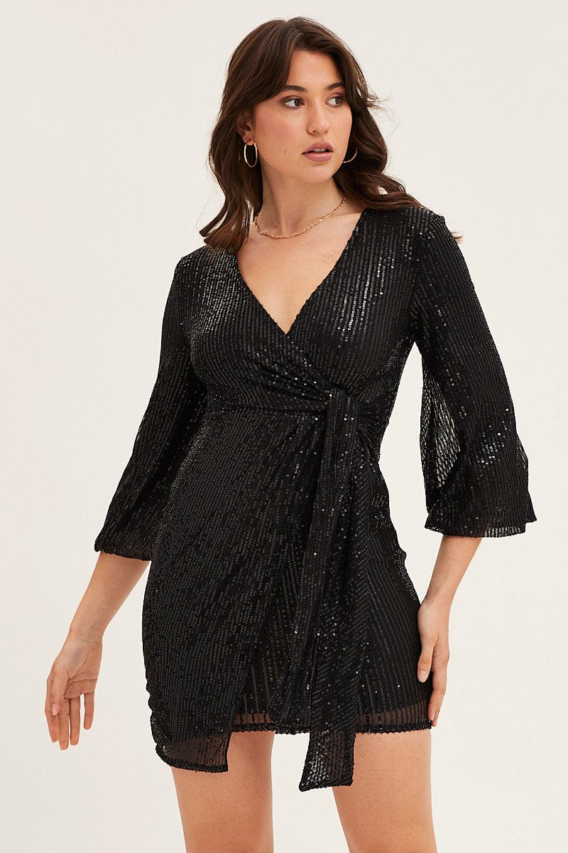 Women’s Black Sequin Ruffle Wrap Party Mini Dress | Ally Fashion