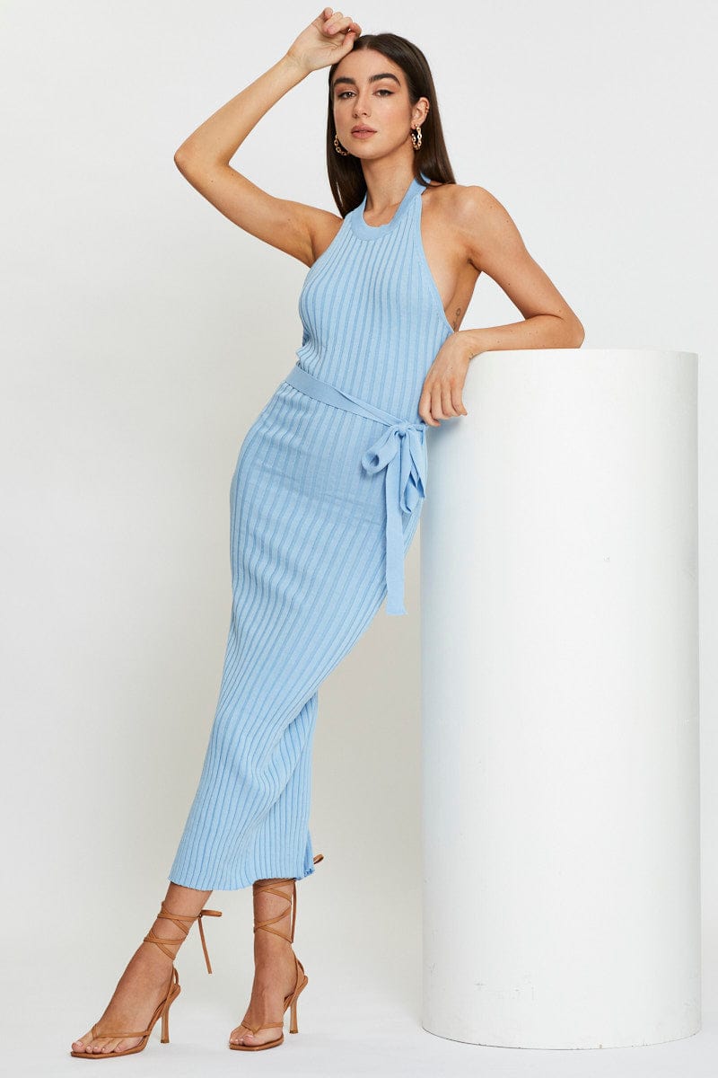 BODYCON DRESS Blue Bodycon Dress Maxi Knit for Women by Ally