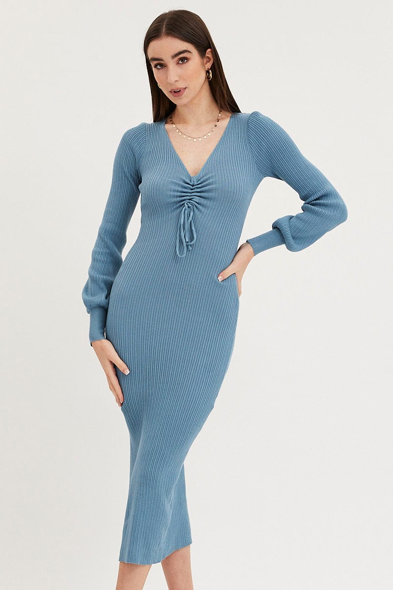 BODYCON DRESS Blue Knit Dress Evening Midi for Women by Ally