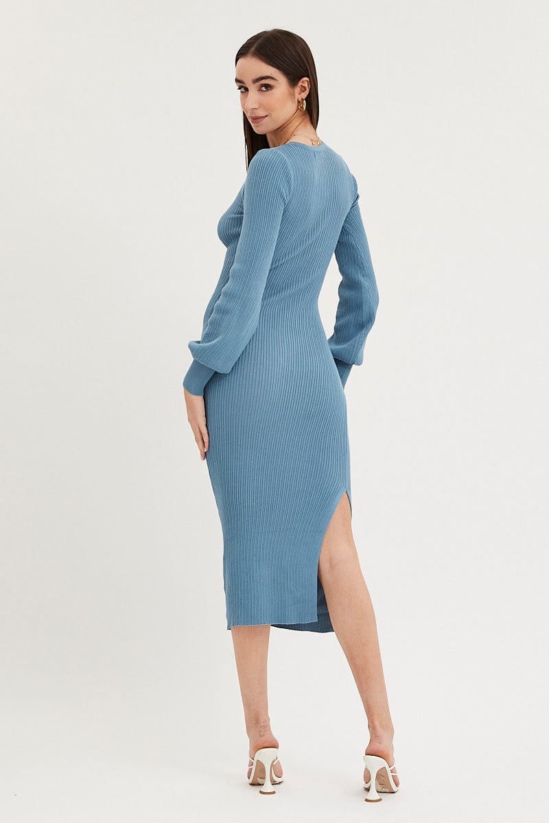 BODYCON DRESS Blue Knit Dress Evening Midi for Women by Ally