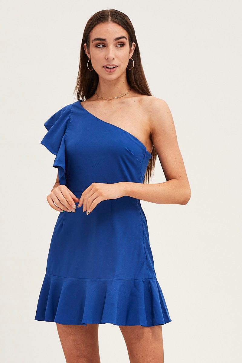 Women's Blue Mini Dress Sleeveless One Shoulder Ruffled | Ally Fashion