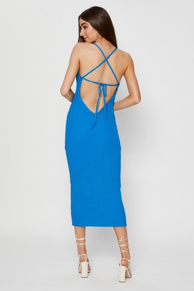 BODYCON DRESS BLUE Tie Back Bodycon Kint Dress for Women by Ally