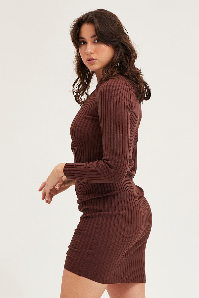 BODYCON DRESS Brown Drawstring Dress Long Sleeve Mini for Women by Ally