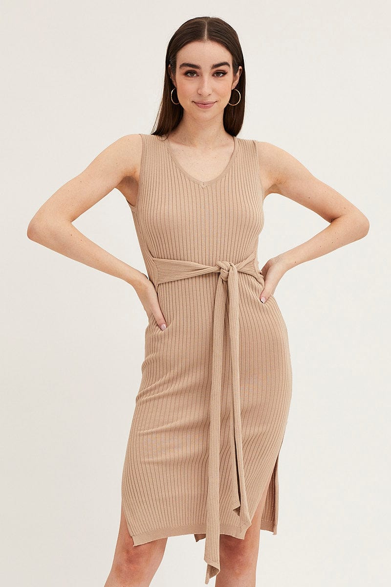 BODYCON DRESS Brown Knit Midi Dress for Women by Ally
