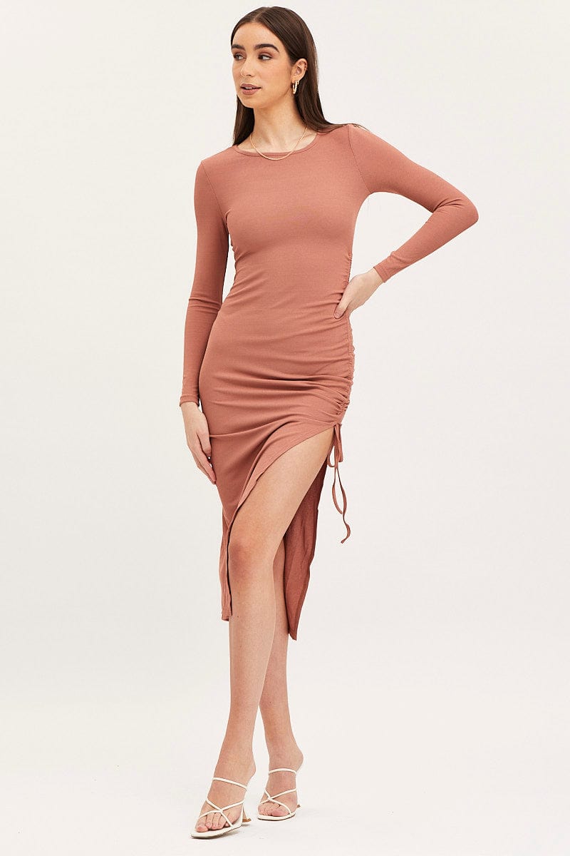 BODYCON DRESS Brown Midi Dress Long Sleeve Bodycon for Women by Ally