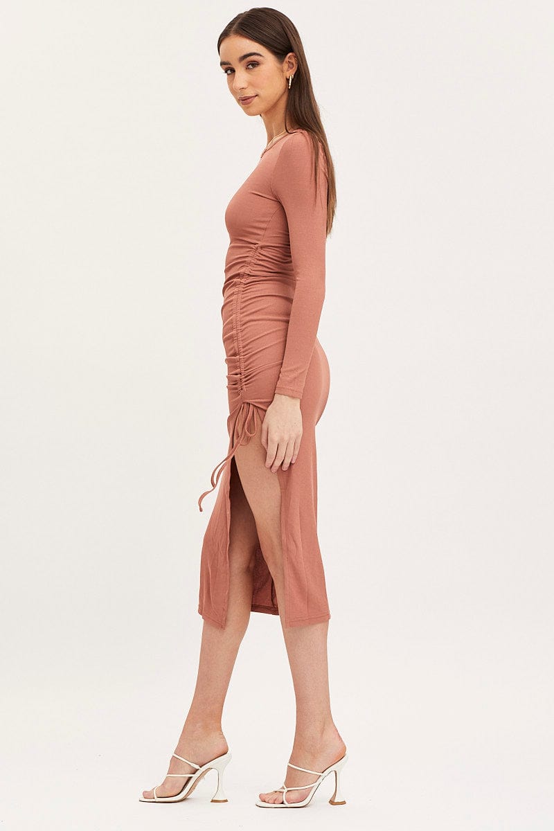 BODYCON DRESS Brown Midi Dress Long Sleeve Bodycon for Women by Ally