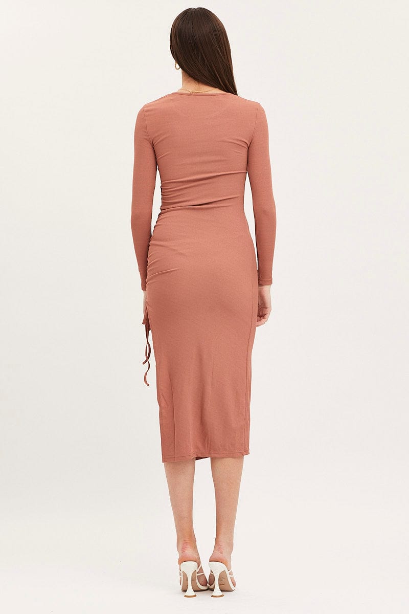 Women’s Brown Midi Dress Long Sleeve Bodycon