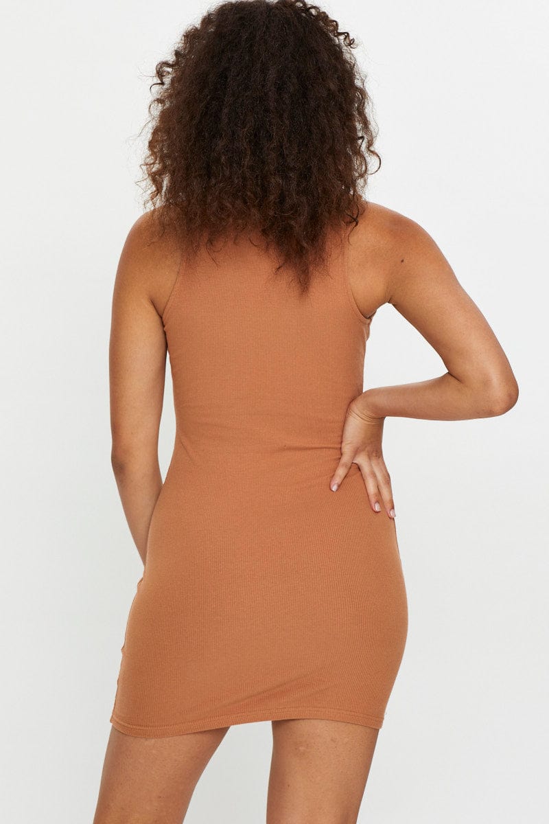 BODYCON DRESS Brown Sleeveless Collared Bodycon Dress for Women by Ally