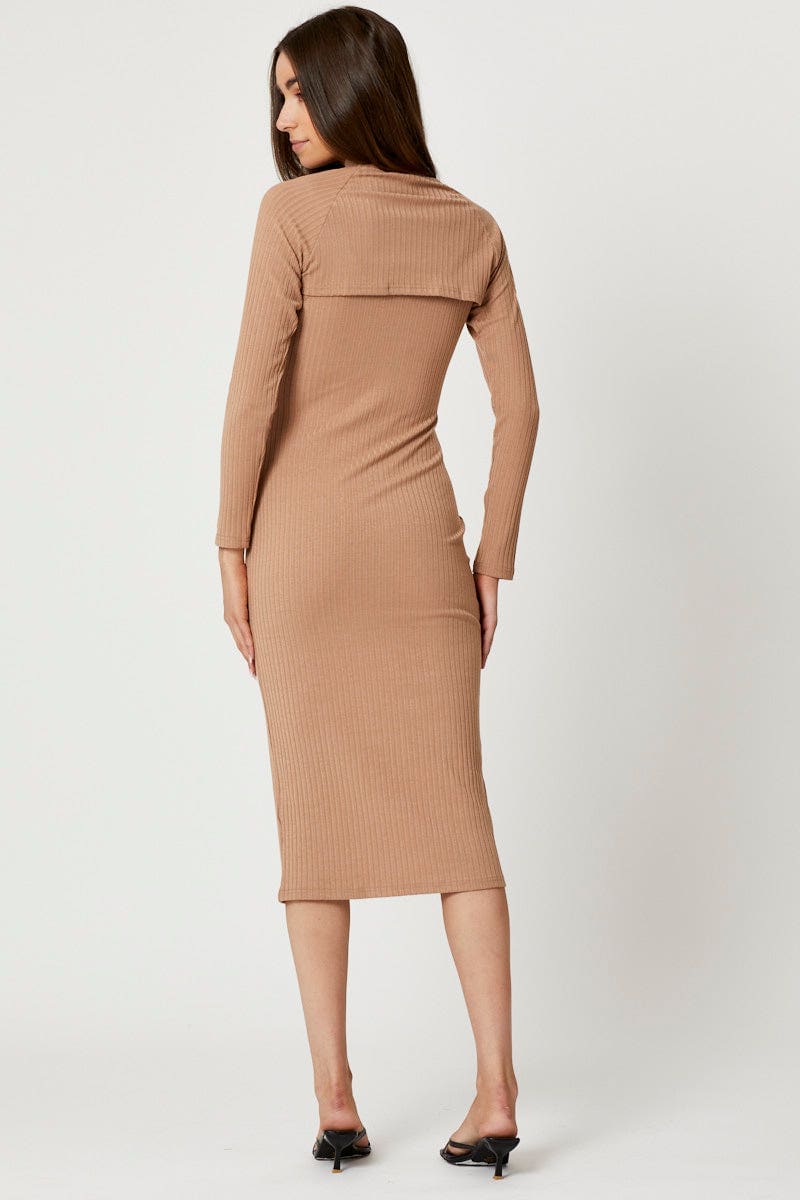 BODYCON DRESS Camel 2 In 1 Midi Long Sleeve Rib Dress for Women by Ally