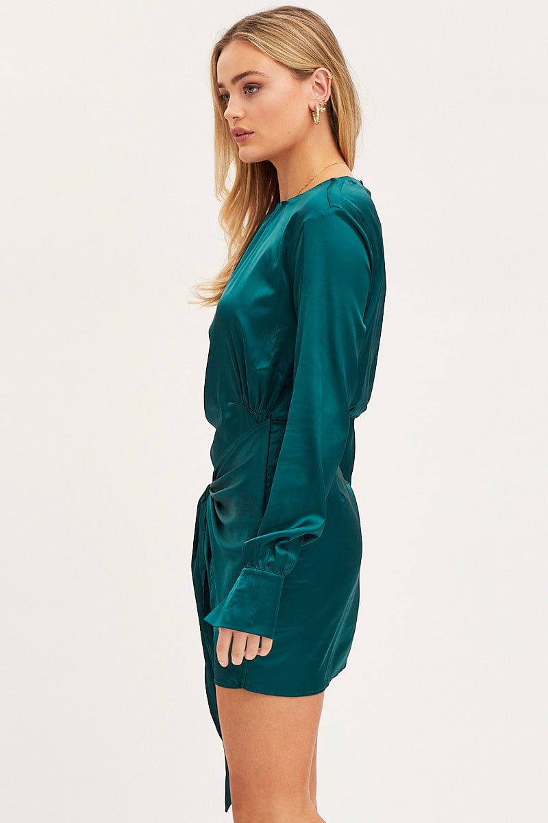 BODYCON DRESS Green Mini Dress Long Sleeve Evening for Women by Ally
