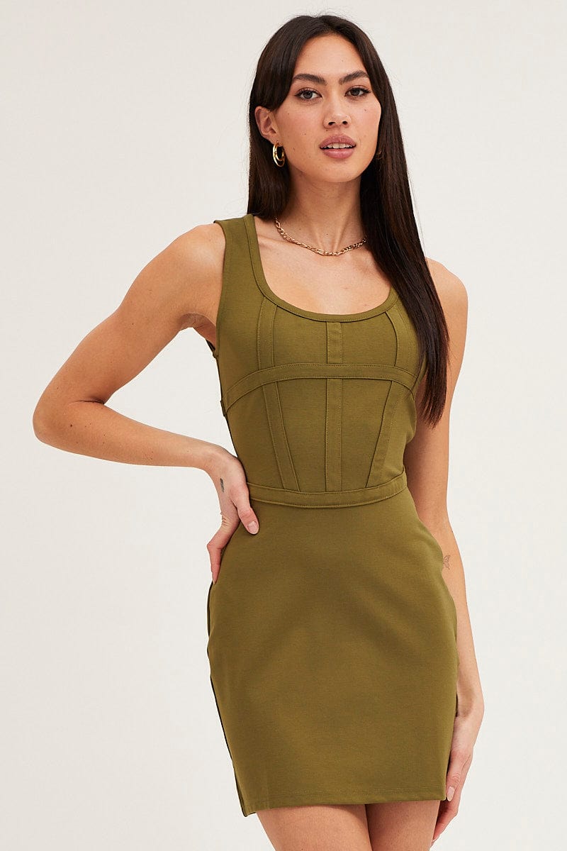 BODYCON DRESS Green Mini Dress Sleeveless Corset Detail Bodycon for Women by Ally