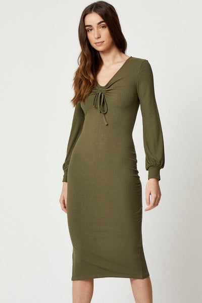 Women's Green Ribbed Drawstring Midi Dress | Ally Fashion
