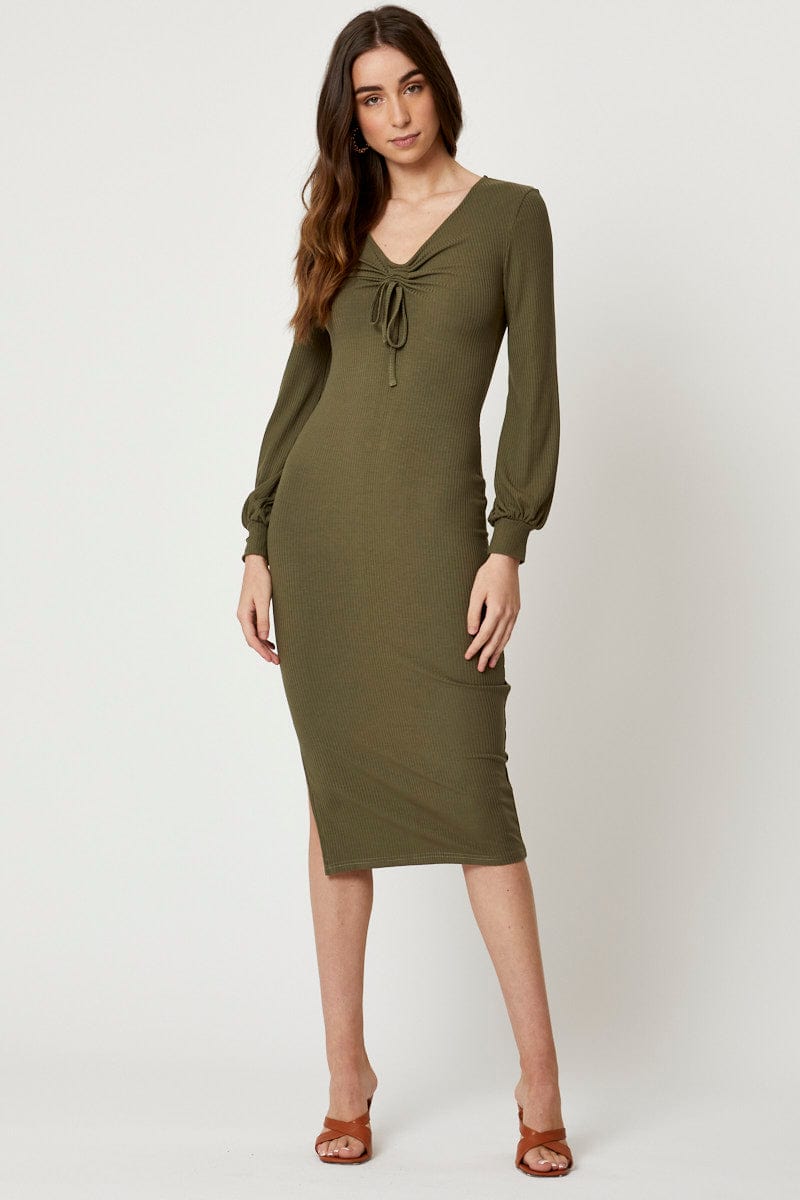 Women's Green Ribbed Drawstring Midi Dress | Ally Fashion Women's Green Ribbed Drawstring Midi Dress | Ally Fashion