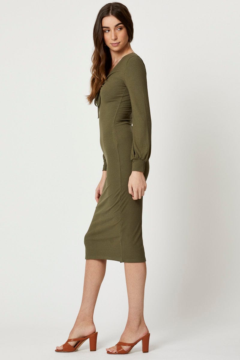 Women's Green Ribbed Drawstring Midi Dress | Ally Fashion Women's Green Ribbed Drawstring Midi Dress | Ally Fashion