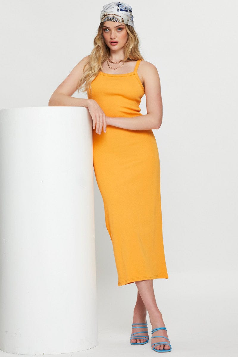 BODYCON DRESS Orange Bodycon Dress Sleeveless Midi for Women by Ally