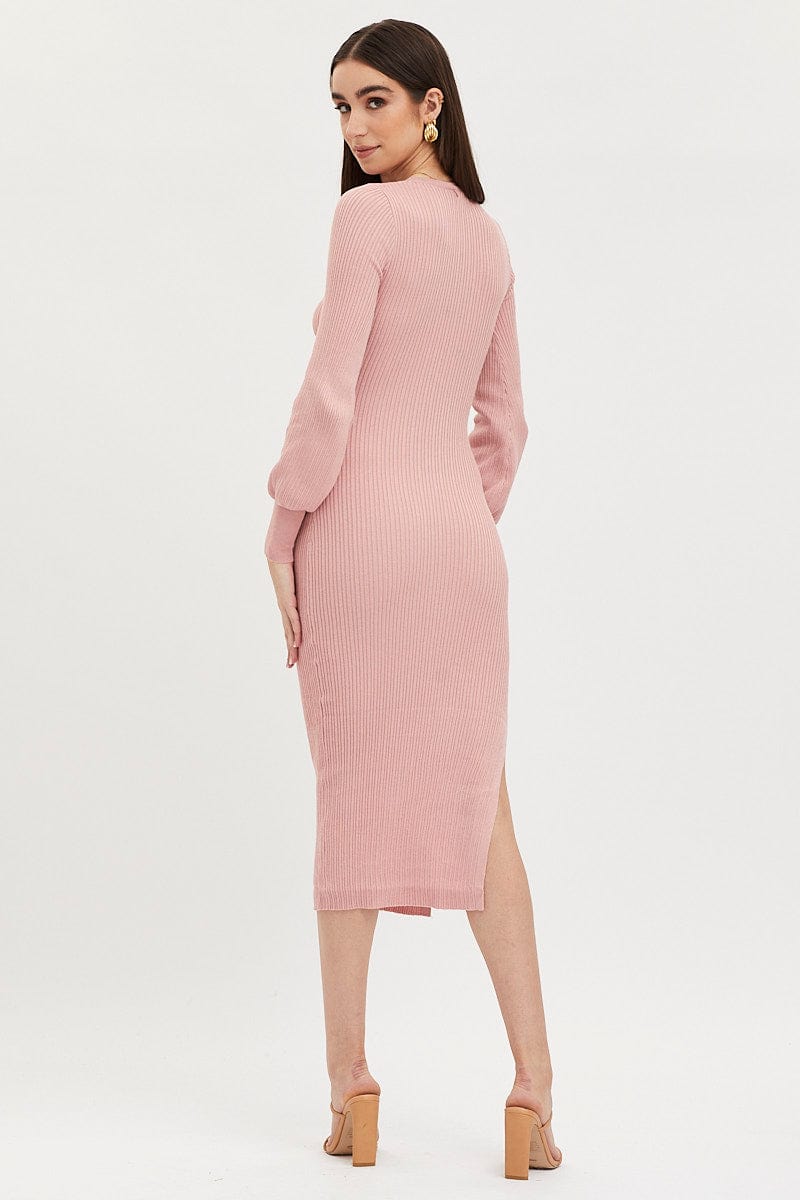 BODYCON DRESS Pink Knit Dress Evening Midi for Women by Ally