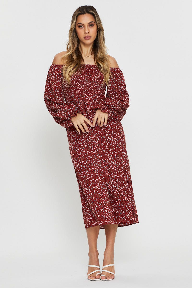 BODYCON DRESS Print Midi Dress Off Shoulder for Women by Ally