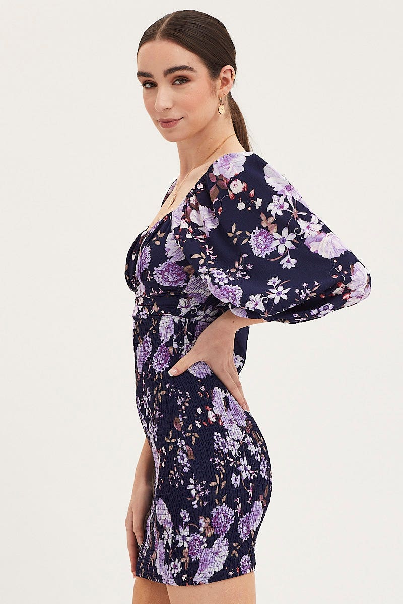 BODYCON DRESS Print Shirred Dress Long Sleeve Mini for Women by Ally