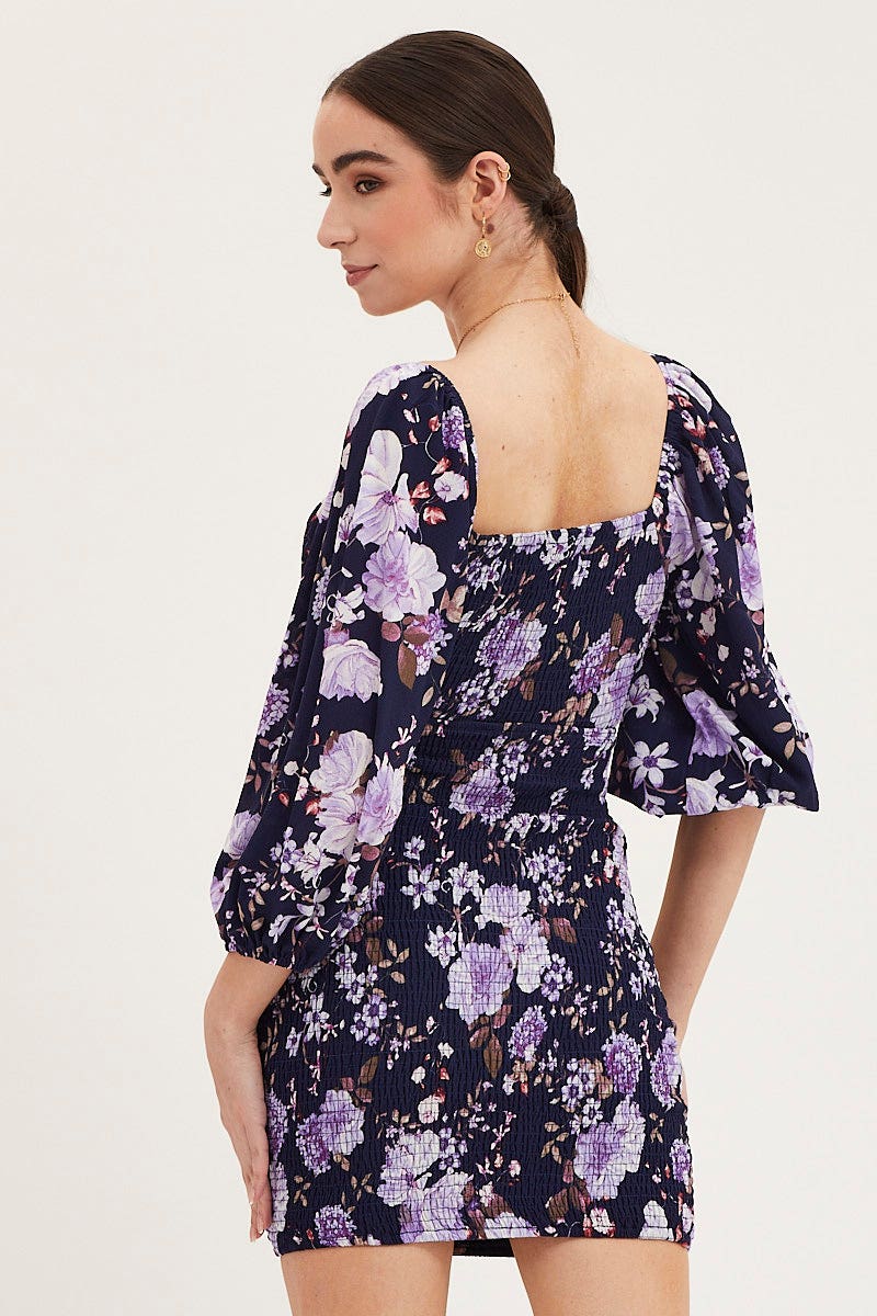 BODYCON DRESS Print Shirred Dress Long Sleeve Mini for Women by Ally