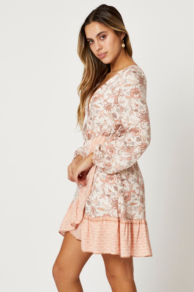 BODYCON DRESS Print Wrap Dress Long Sleeve Mini for Women by Ally