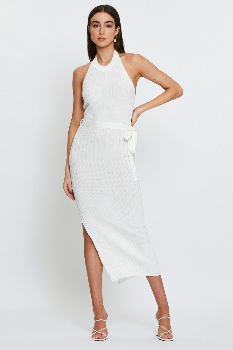 BODYCON DRESS White Bodycon Dress Maxi Knit for Women by Ally