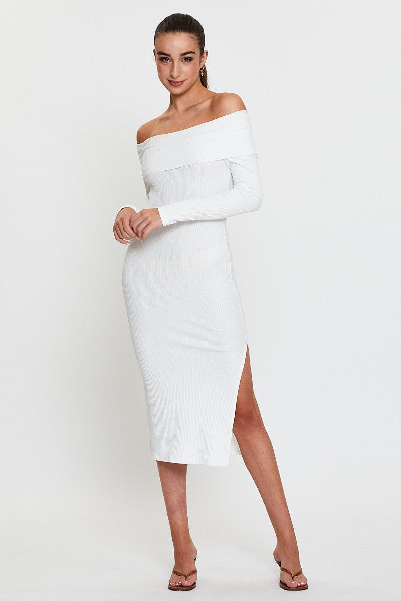 BODYCON DRESS White Midi Dress Off Shoulder Long Sleeve for Women by Ally