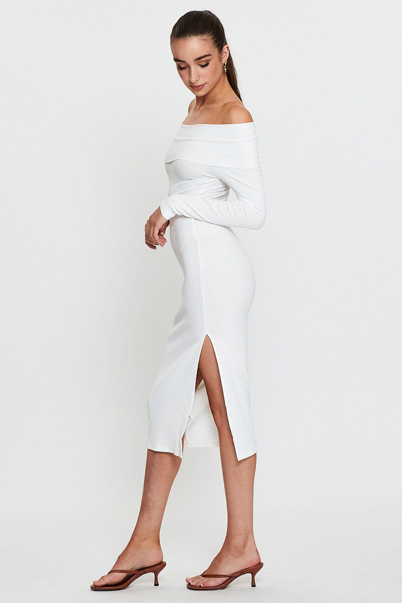 BODYCON DRESS White Midi Dress Off Shoulder Long Sleeve for Women by Ally